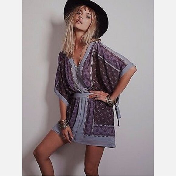 NWOT Free People Santa Cruz Dusty Blue Kimono Mini Dress - Picture 2 of 11